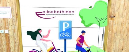 Garagentor bemalt mit Baum und zwei Radfahrer:innen