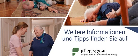 Kollage mit 4 Bildern von pflegebürftigen Personen und ihrer Betreuungsperson und Verweis zu weiteren Informationen über pflege.gv.at 