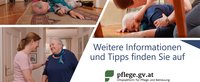 Kollage mit 4 Bildern von pflegebürftigen Personen und ihrer Betreuungsperson und Verweis zu weiteren Informationen über pflege.gv.at 
